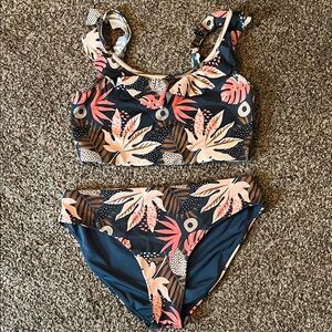Senita Tropical Print Two-Piece Bikini Set - Navy & Coral